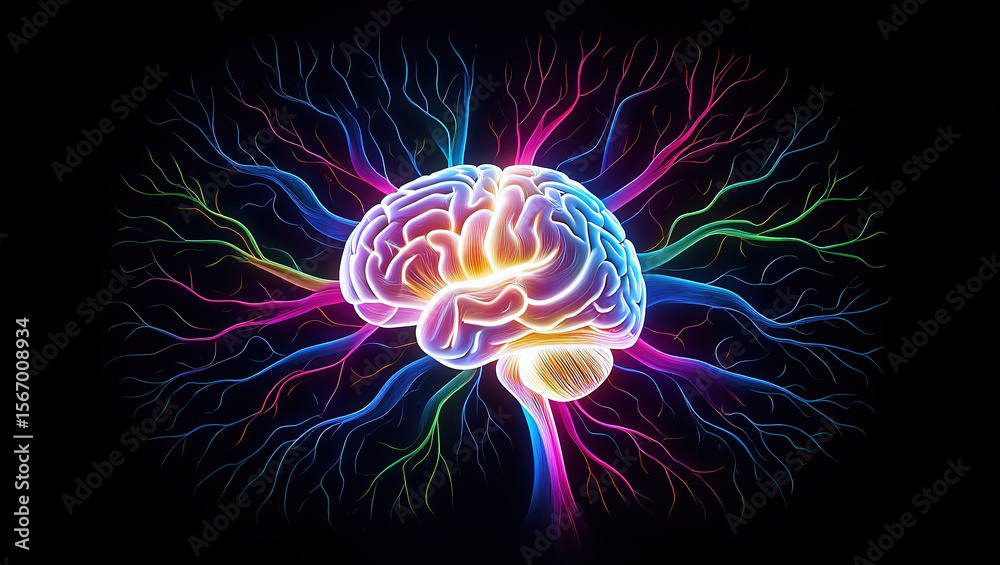 Obraz premium Radiant brain with vivid neural pathways branching outward-symbolizing creative thought, imagination, and energetic mental flow.