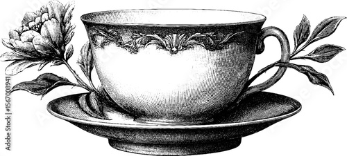 Vintage teacup with floral design and steam sketch for retro decor