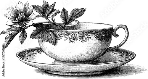 Vintage floral teacup with cracked design and steam motif for retro decor