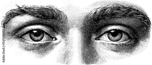 Vintage engraving of open eyes with creative glitch effect for retro design