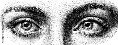 Vintage engraving of open eyes with creative glitch effect for retro design