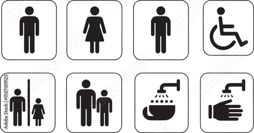 Vector restroom icons:  accessible, family, and hygiene symbols.