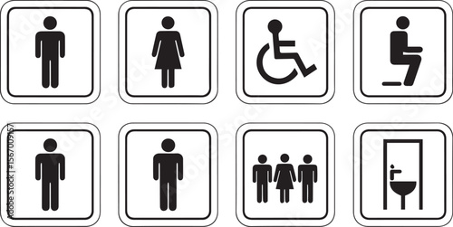 Vector restroom icons: diverse gender-neutral accessible toilet symbols