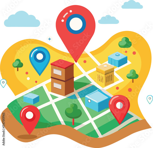 Delivery coverage map with multiple location pins, flat vector logistics icon