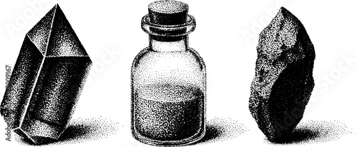 Vintage magic illustration of crystal shard and potion bottle - hand drawn engraving for retro design