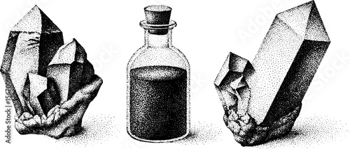 Magical crystal shards and potion bottle design for fantasy illustration and decor