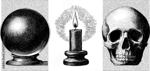 Mystical elements: crystal ball, tarot cards, candle flame with skull silhouette for vintage print design