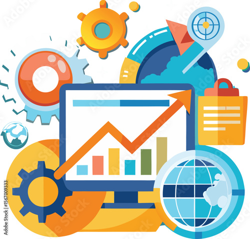 SEO optimization gear with upward graph, flat vector marketing icon