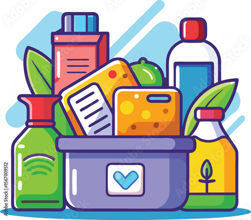 Product bundle with items in open box, flat ecommerce vector icon