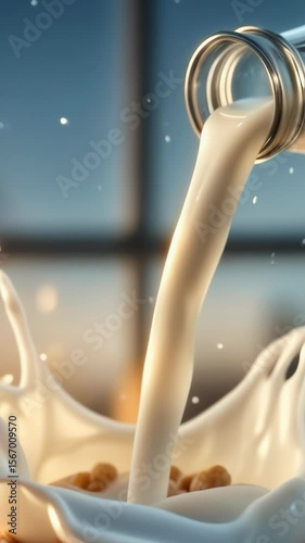 Pouring fresh milk onto cereal creates a delightful splash in the morning light