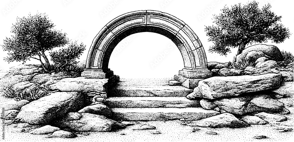 Fototapeta premium Vintage drift archway with tide-stained walkway illustration for artistic design