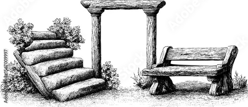Vintage sketch of fallen wooden gate frame and stone steps in nature setting