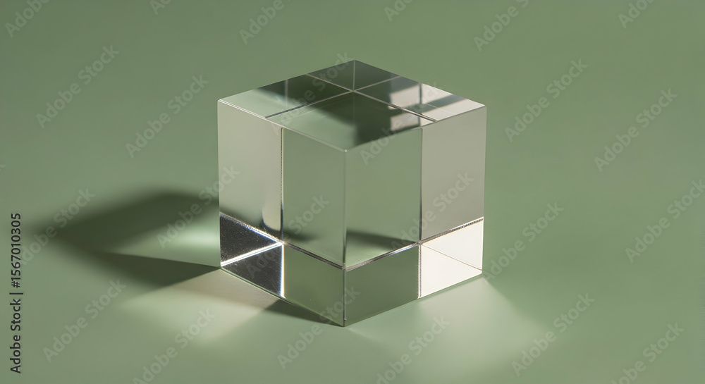 Fototapeta premium Transparent cube on sage green background