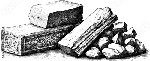Vintage illustration of forge basin remains and slag piles for retro design