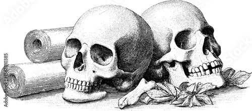 Vintage engraving of bones and skulls with scrolls near hearth scene
