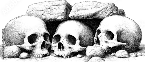 Vintage sketch of gathered bones near hearth with soot ceiling - hand drawn engraving for retro design
