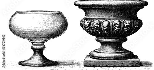 Vintage hand drawn glass candy bowl and bookend statue base sketch for retro decor
