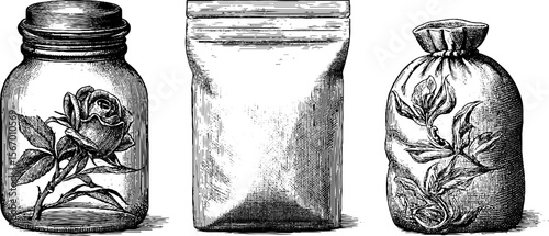 Vintage glass jar with lid ring and folded paper pouch sketch for retro kitchen decor