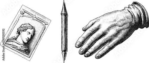 Vintage ink stained glove, glass slide, and writing tool sketch for retro design