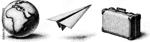 Vintage hand drawn globe, paper plane, and suitcase sketch for travel adventures