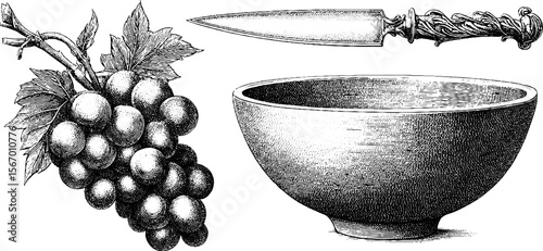 Vintage engraving of grape stem, ornate knife, and wooden bowl - retro illustration for design