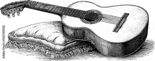 Vintage acoustic guitar with cushion seat and string lights for music and relaxation scene