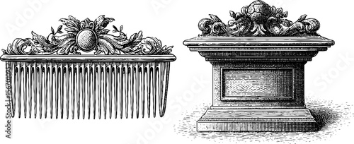 Vintage tortoiseshell comb and elegant hairpin sketch for retro fashion design