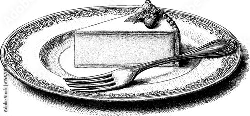 Vintage hand drawn illustration of half eaten cake slice with silver fork on plate