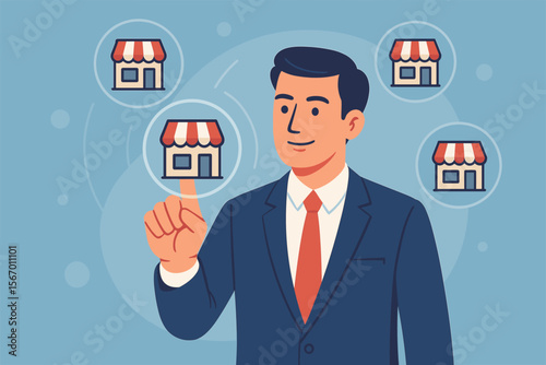 Entrepreneur managing a franchise business network. Man in suit pointing at a store icon on a virtual interface. Concept for small business growth, ownership, and retail strategy.