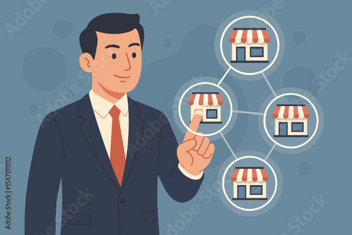 Businessman touching franchise business store icon on a virtual screen. Concept of business growth, network expansion, and retail chain management. Flat vector cartoon illustration.