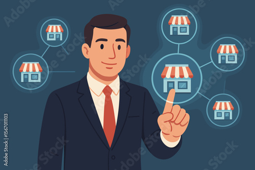 Franchise business concept with a manager choosing a store from a network. Vector illustration for business growth, marketing strategy, retail expansion, and chain stores.