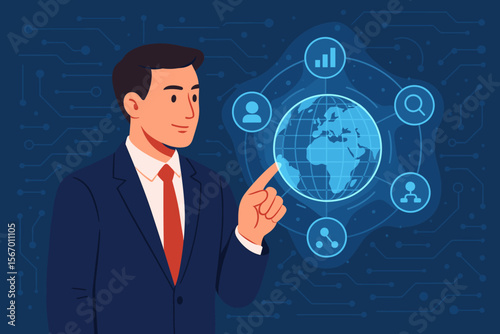 Businessman touching a virtual globe on a digital interface. Concept for global business, internet network connection, data analytics, social media marketing, and technology innovation.