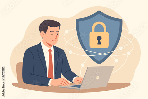 Businessman with laptop ensures online safety. Cybersecurity concept with shield and padlock for data protection. Internet security, personal information privacy, secure network, VPN.
