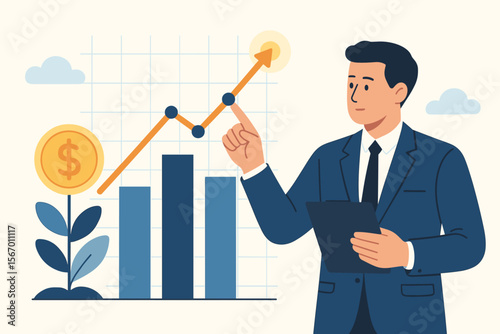 Businessman analyzing financial data with a growth chart. Investment strategy concept for economic profit and success. Manager pointing at stock market graph with ascending arrow.