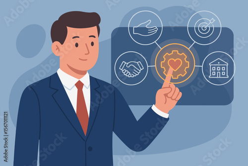 Business core values concept. Businessman touching virtual interface with icons for company mission, responsibility, ethics, trust, and goals. Corporate culture and strategy.