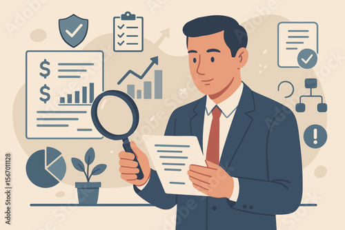 Compliance verification, financial statement audit, and risk assessment concept. Businessman or auditor analyzes regulatory requirements and financial data with magnifying glass.