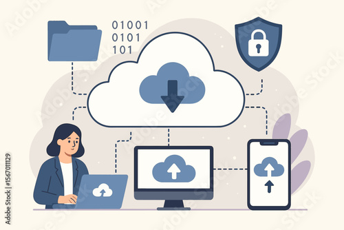 Cloud technology concept for business. Online data storage, file backup and synchronization service. Woman at laptop transfers files. Cyber security and network protection. Flat vector illustration.