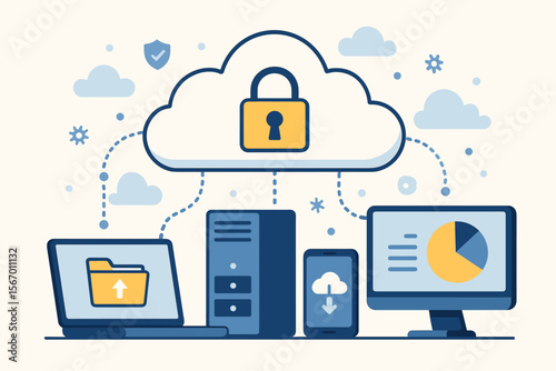 Cloud computing technology vector. Secure online data storage, server backup, and file sharing concept. Cybersecurity network connecting computer, laptop, and phone. SaaS hosting platform.