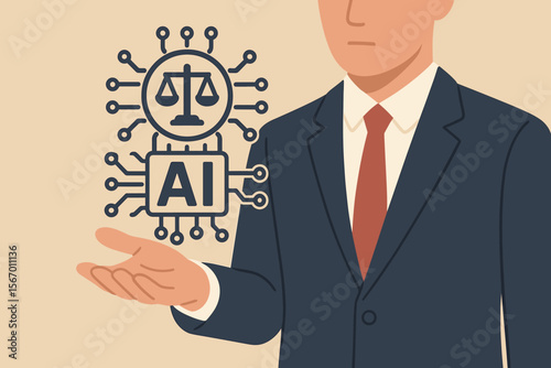AI ethics and law, legal regulations for artificial intelligence concept. Businessman showing technology icon with justice scales. AI governance, policy, control, and risk management.