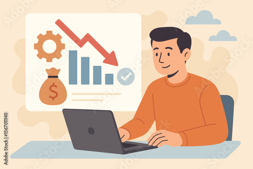 Cost reduction business finance concept. Budget management and expense cutting strategy. Man at laptop analyzing chart data. Down arrow symbolizing savings and profit optimization.