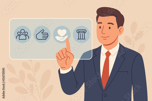 Business core values concept. Businessman touching a virtual screen with icons. Corporate ethics, mission, responsibility, integrity, and goals. Company culture and strategy vector.