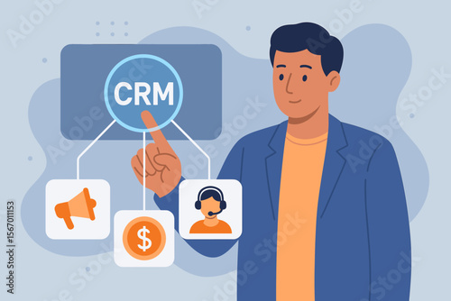 Customer relationship management CRM concept. Businessman using software for sales, marketing, and client support. Person touching virtual screen with business automation icons.