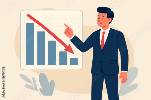 Cost reduction concept. Businessman points at a decreasing bar chart. Down arrow. Expense management. Budget optimization. Financial crisis. Recession. Lowering costs. Savings.