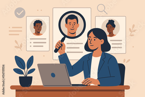 Human resources management concept. HR manager woman with magnifying glass searching and choosing job candidate from diverse CV profiles. Recruitment, headhunting, and hiring process.