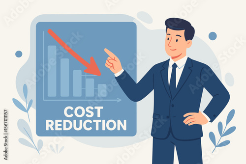 Cost reduction business finance concept. Businessman pointing at a decreasing bar chart with a down arrow. Budget management, expense cutting, and financial optimization strategy vector.