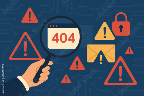 Cyber attack and security alert vector illustration. Hand with magnifying glass examining 404 error page. Concept of network failure, system vulnerability, spam, phishing, and malware.