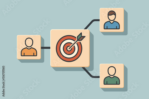 Customer relationship management concept. CRM business strategy for targeting audience. Wooden block flowchart with bullseye and people icons for customer segmentation or focus group.