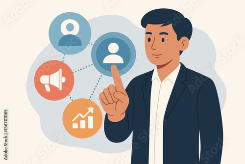 Customer Relationship Management concept. Businessman using CRM software on a virtual screen for sales, marketing, and customer support. Business growth and data management vector.