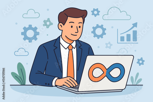 DevOps software development life cycle concept. Businessman works on laptop with infinity icon for agile programming, IT operations, automation, continuous integration and delivery.