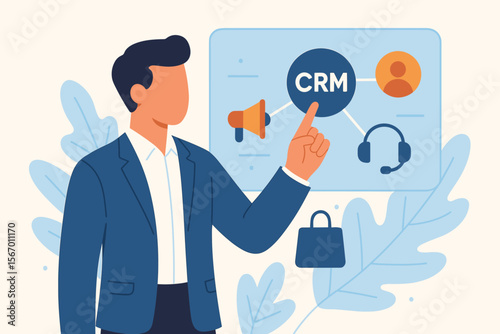 Customer relationship management software concept. Businessman pointing at a CRM system for sales, marketing, and customer support on a virtual screen. Modern flat vector illustration.